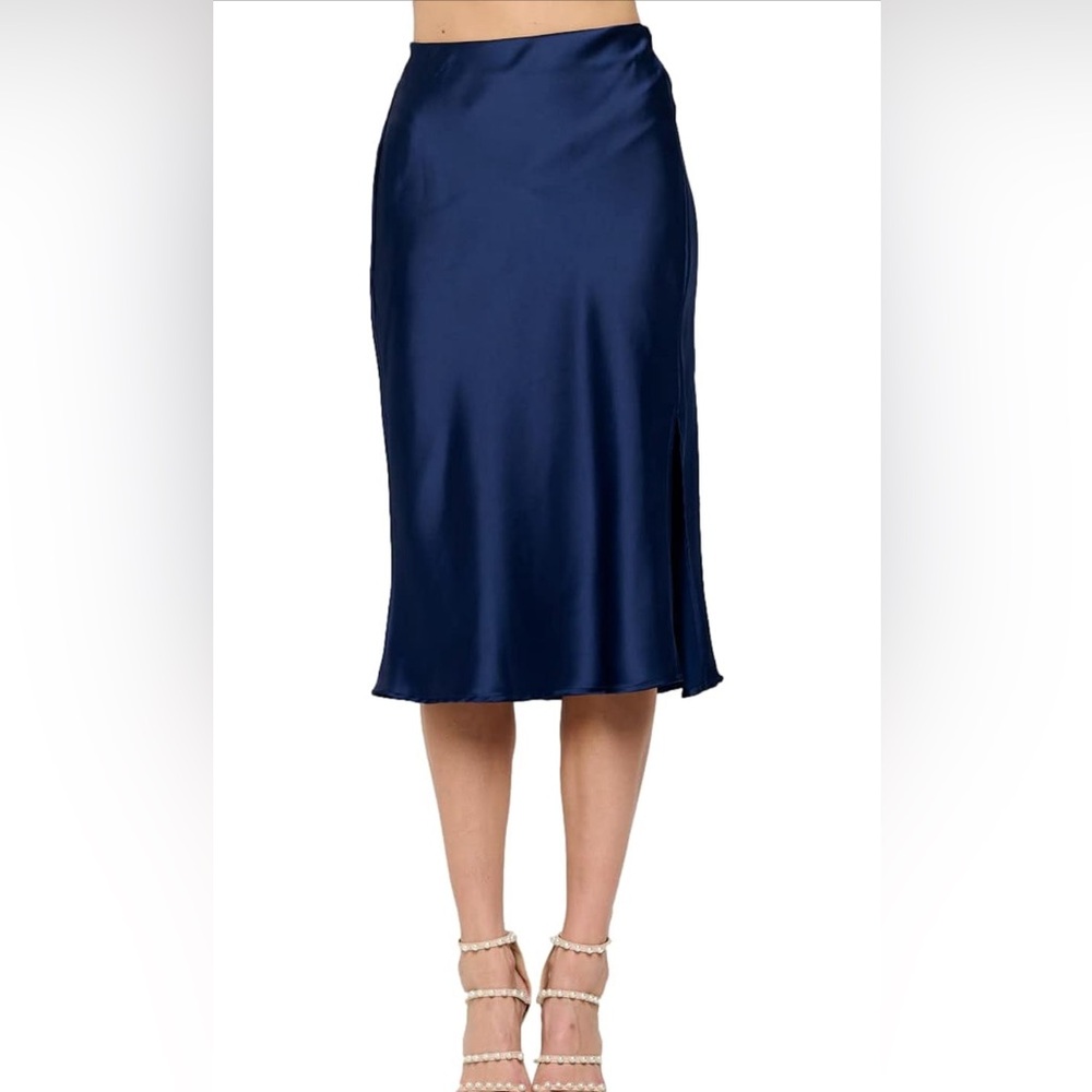 Navy Blue Satin Silky Midi Skirt